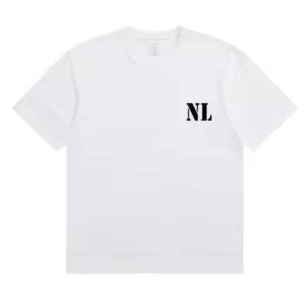 Four views of a short-sleeve graphic T-shirt on a white background: two black shirts showing front and back, and two white shirts showing front and back. Each shirt has a small 'NL' chest print and a larger back print reading 'NORTHLINE ALWAYS MOVING EST.