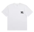 Four views of a short-sleeve graphic T-shirt on a white background: two black shirts showing front and back, and two white shirts showing front and back. Each shirt has a small 'NL' chest print and a larger back print reading 'NORTHLINE ALWAYS MOVING EST.