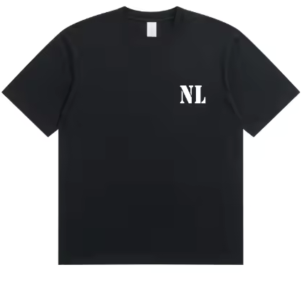 Four views of a short-sleeve graphic T-shirt on a white background: two black shirts showing front and back, and two white shirts showing front and back. Each shirt has a small 'NL' chest print and a larger back print reading 'NORTHLINE ALWAYS MOVING EST.
